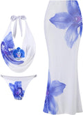 Women 3 Piece Swimsuits Floral Halter Bikini Set with Long Cover Up Beach Skirt Bathing Suit Beachwear
