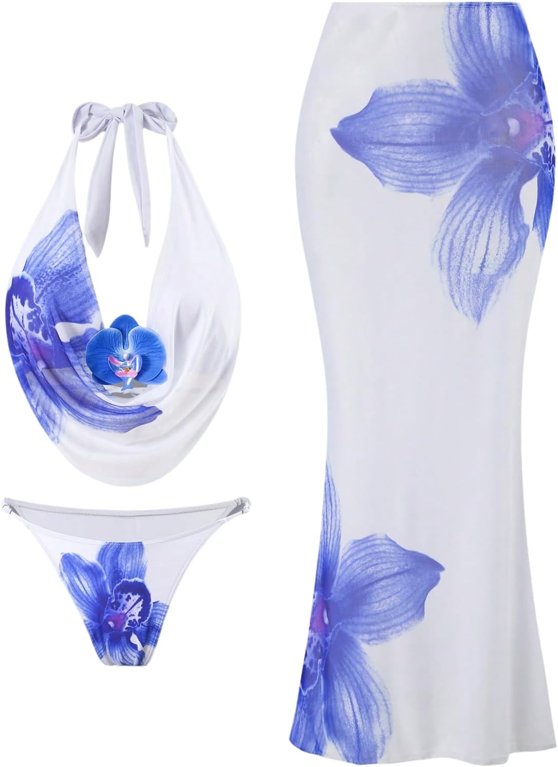Women 3 Piece Swimsuits Floral Halter Bikini Set with Long Cover Up Beach Skirt Bathing Suit Beachwear