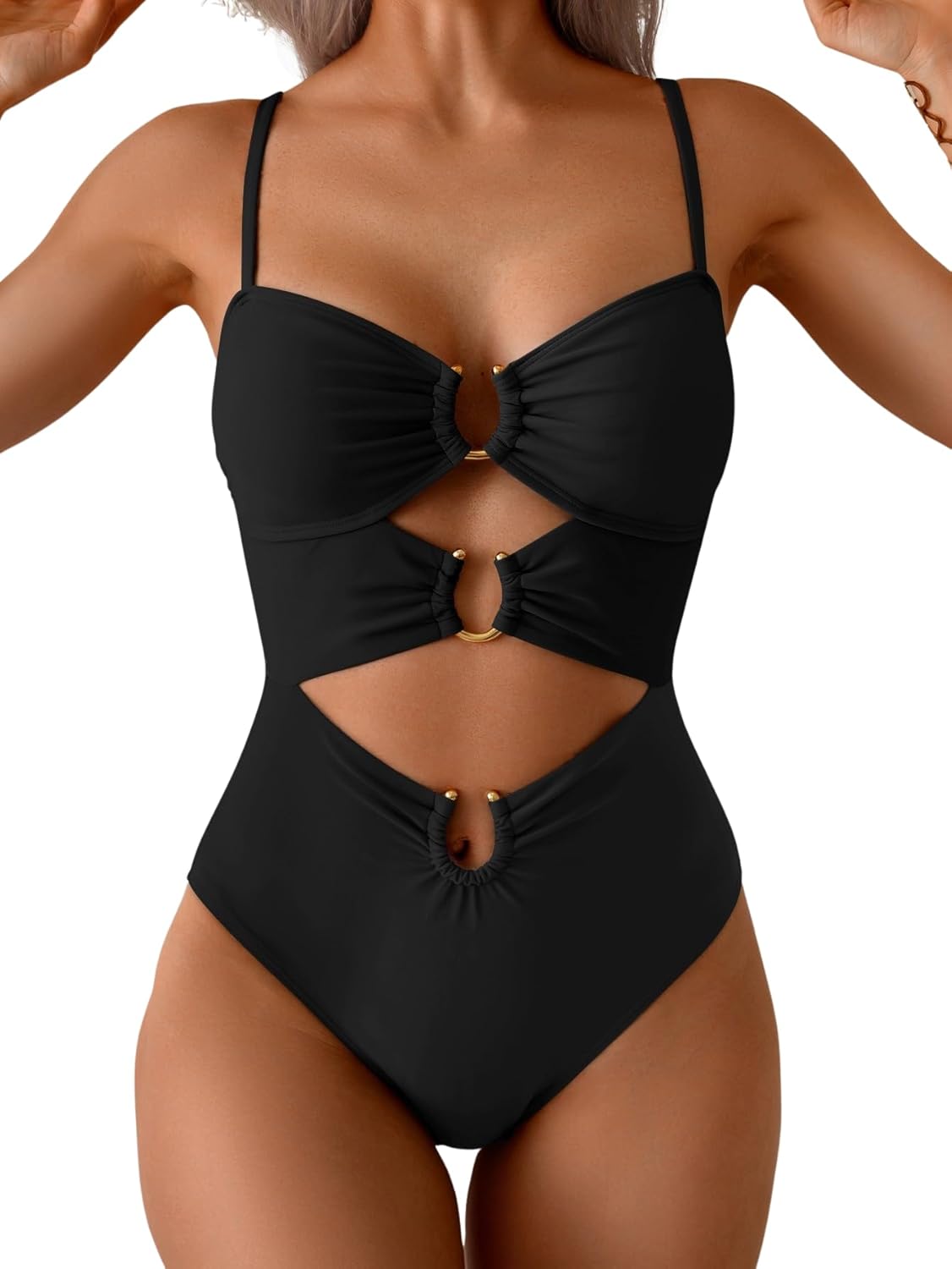 Women Cutout One Piece Swimsuit with Ring Linked Sexy Monokini Bathing Suit for Beach Vacation