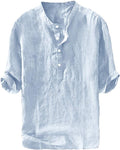 Mens Linen Shirts Casual Cotton 3/4 Sleeve Regular-Fit  T-Shirt Summer Lightweight Beach Yoga Tops