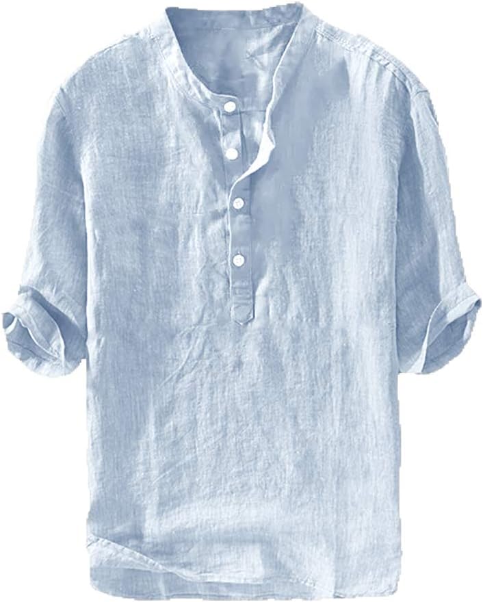 Mens Linen Shirts Casual Cotton 3/4 Sleeve Regular-Fit  T-Shirt Summer Lightweight Beach Yoga Tops