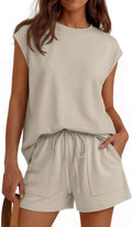 Women Crew Neck Cap Sleeve Drawstring Two Piece Summer short Sets Sweatsuit with Pockets