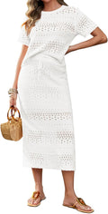 Women Crochet Cover Up 2 Piece Skirt Sets Short Sleeve Knit Top Midi Skirt Vacation Travel Outfits White