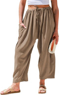 Women Linen Wide Leg Pants Casual Loose Drawstring Summer Beach Travel Vacation Palazzo Harem Pants with Pockets