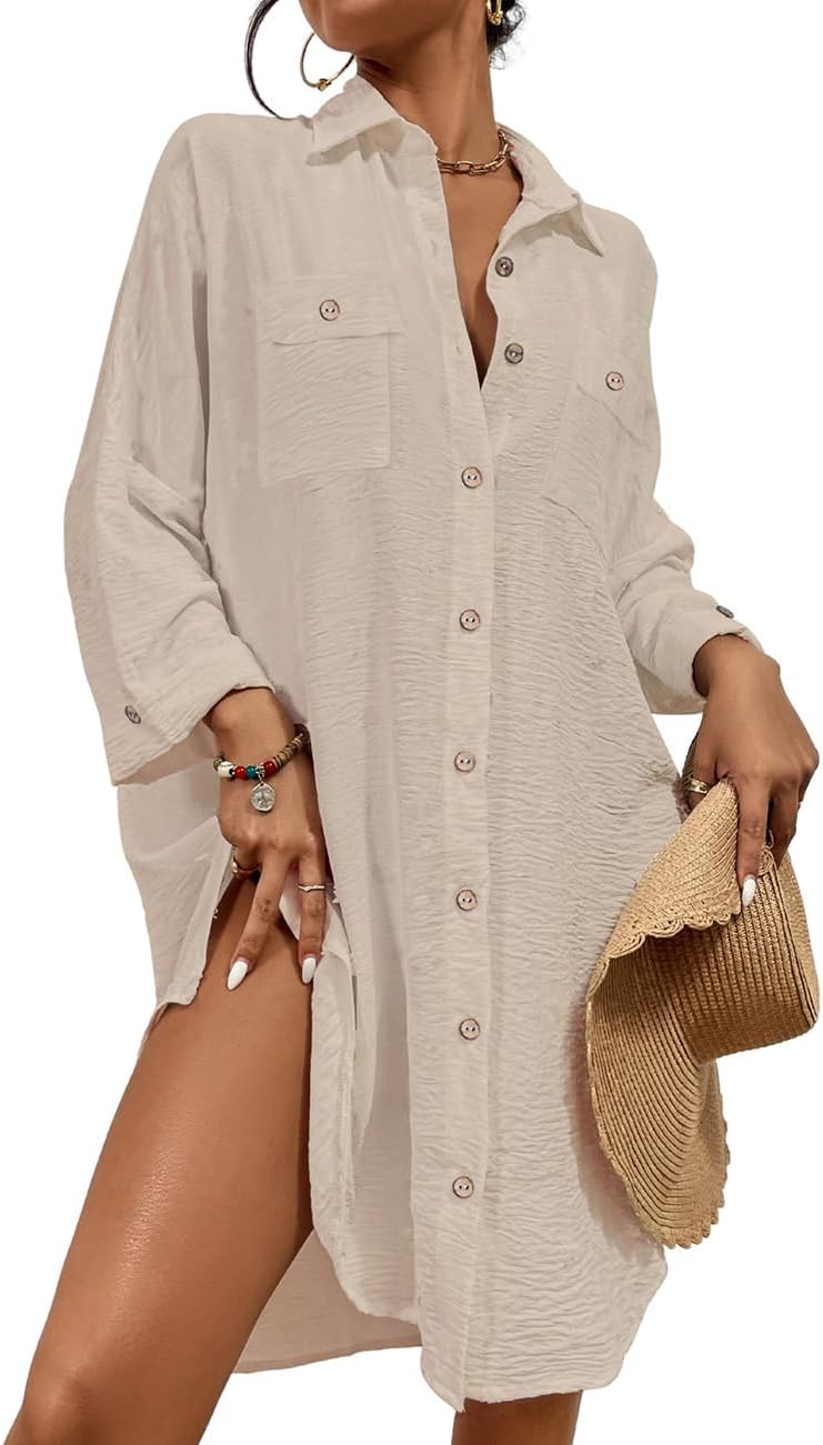 Women Modern Swimsuit Cover Up Blouse Button Down Shirt Dresses Tops