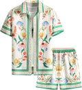 Men's Floral Short Sleeve Button Down Vacation Shirts and Drawstring Beach Shorts Sets