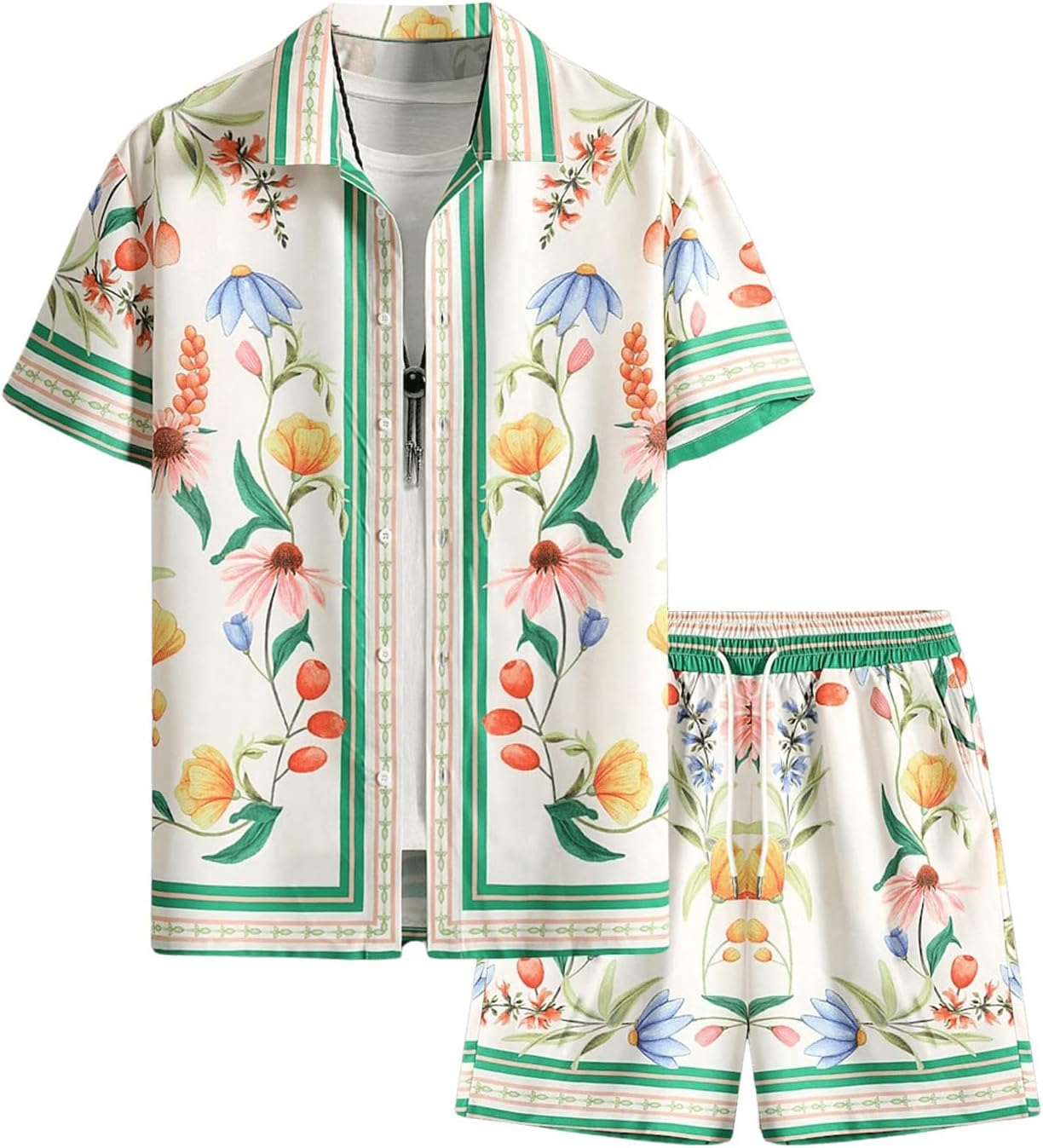 Men's Floral Short Sleeve Button Down Vacation Shirts and Drawstring Beach Shorts Sets