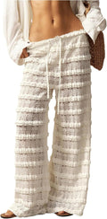Women Crochet Lace Pants Ruffle Layered Elastic Waist Mesh Bathing Suit Cover Up Beach Pants