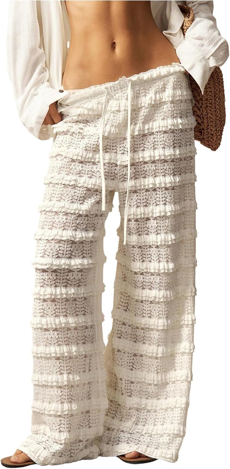 Women Crochet Lace Pants Ruffle Layered Elastic Waist Mesh Bathing Suit Cover Up Beach Pants
