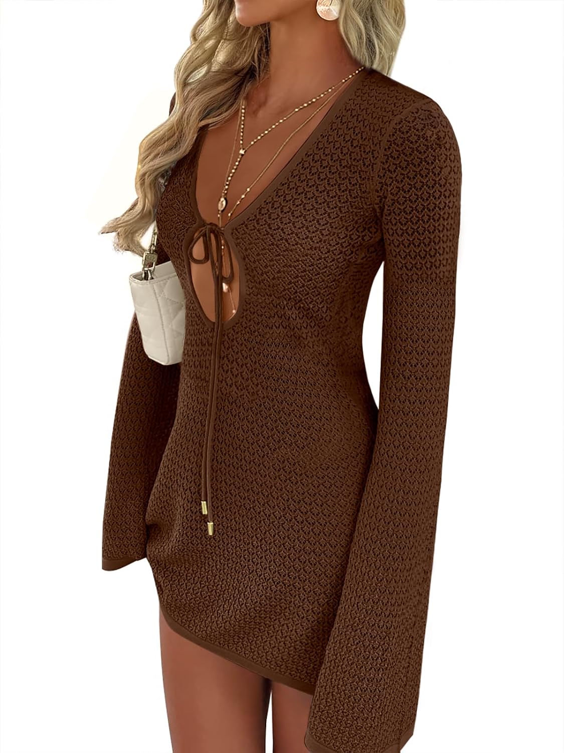Women’s Crochet Swimsuit Cover Up, V Neck Mesh Knit Beach Dress, Long Sleeve Summer Vacation Beachwear