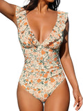 Women Ruffled One Piece Swimsuit V Neck Lace Up