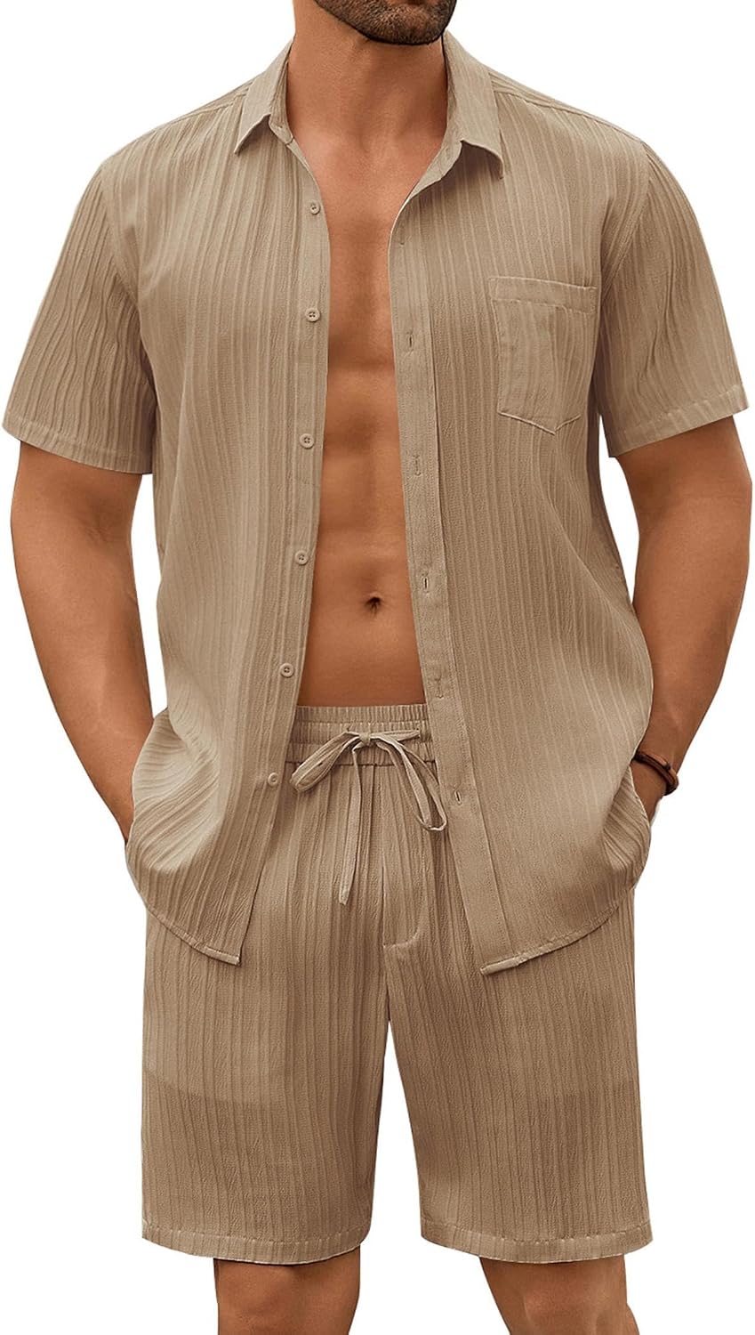 Men's Summer Beach Outfits 2 Piece Short Sets Shirts and Shorts Vacation Texture Linen Sets for Men