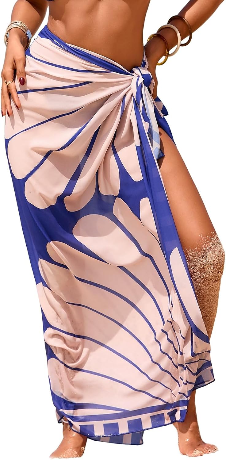 Women Sheer  High Slit One Size Swimsuit Coverups  Summer Floral Print Chiffon Wraps Beach Cover Up