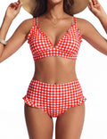 Women High Waisted Bikini Sets Ruffle 2 Piece Bathing Suit  Sexy Retro Swimsuits Beachwear Red White Plaid M