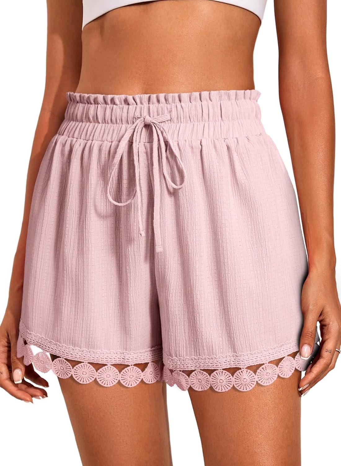 Women Shorts Summer Casual Loose Elastic Waist Drawstring Lace Boho Beach Cover Up Shorts
