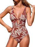 Women One Piece Swimsuit Deep V Neck Keyhole Cutout O Ring Textured Bathing Suit