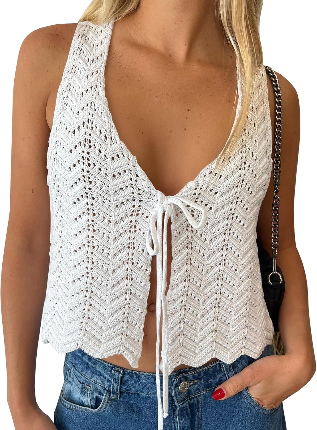 Crochet Tops for Women Summer Vacation Outfits Beach Coverup Going Out Tie Front Spring Sweater Vest  Fashion