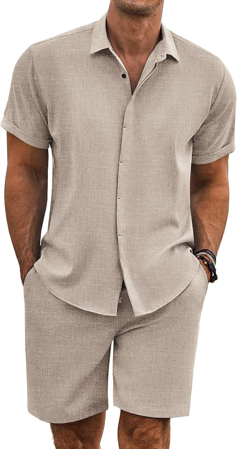 Men's Summer Beach Outfits 2 Piece Short Sleeve Shirts and Shorts Vacation Texture Linen Sets for Men
